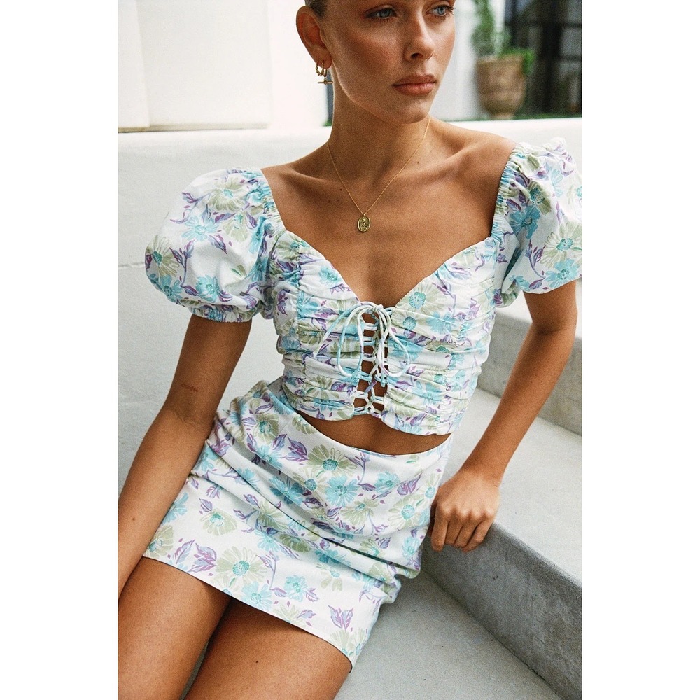 Sabo Amerie Skirt Floral Puff Sleeve Cutout Mini Dress Blue Green White USA 4